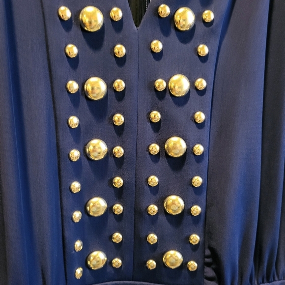 MICHAEL Michael Kors Split Neck Dome Studded Band Mini Dress Navy Gold Sz Large - Picture 4 of 7